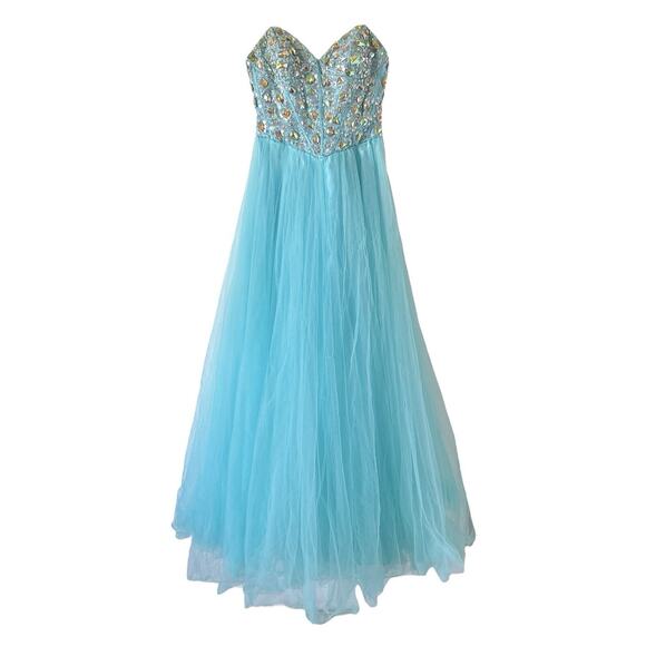 MASQUERADE Womens Size 1/2 Strapless Rhinestone Corset Tulle Prom Maxi Dress - Picture 1 of 7